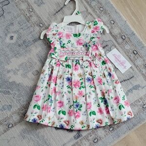 NWT Bonnie Baby Girls Floral Smocked Bow Dress And Bloomers Sz18m